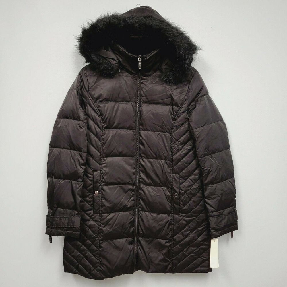 NWT Kenneth Cole womens long puffer jacket coat faux fur Sz L black Polyester